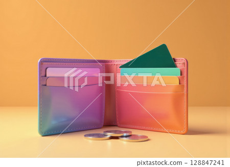wallet with credit cards and coins on beige background, financial concept, side view 128847241