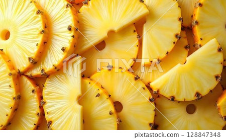 A cheerful display of sliced pineapples piled together, embodying a spring vibe with their bright, tropical look 128847348