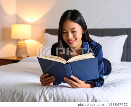 躺在床上看書的女人 128847472