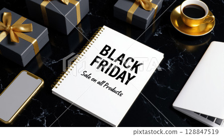 black friday inscription on notebook with red cup of coffee and gift box with red ribbon  128847519
