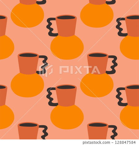 Vector seamless pattern of ceramic vase with abstract design. Cartoon illustration isolated on a pink background. 128847584