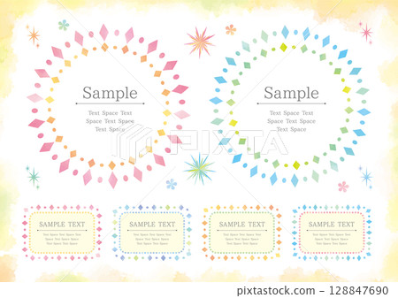 一組 2 個圓形和 4 個矩形框架，帶有可愛的水彩風格菱形裝飾線 128847690