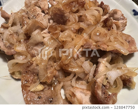 Pork ginger stir-fry close-up 128847750