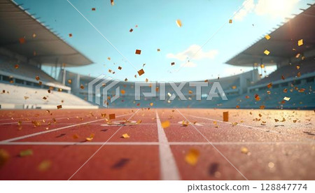 A cascade of gold confetti descends upon a running track, honoring athletic accomplishments in a spirited stadium atmosphere 128847774
