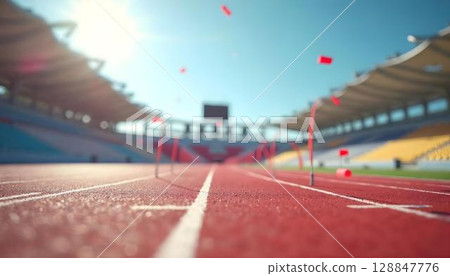 A red ribbon lies on a running track in an empty stadium, symbolizing athletic achievement and competition 128847776