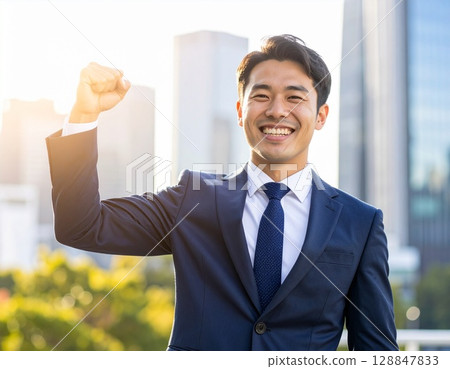 A man in a suit doing a fist pump, businessman A man in a suit doing a fist pump, businessman 128847833