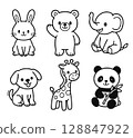 Cute black and white line drawing of animals (rabbit, bear, elephant, dog, giraffe, panda) 128847922