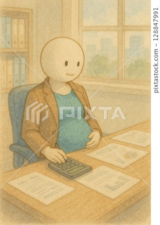 A pregnant woman in the workplace | Warm and soft watercolor style painting of a person 128847991