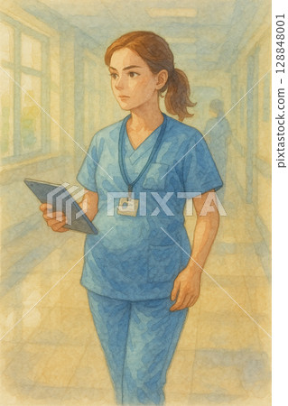 醫院走廊工作的孕婦 | 女醫事人員水彩畫 128848001