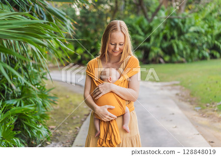 Mother holding her little baby in a yellow sling in the park. Warm and loving family moment. Babywearing, parenting, and mother-child bonding concept 128848019