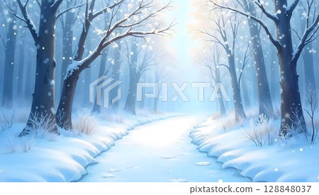 Winter forest with snow and fog. 3d illustration. Nature background 128848037