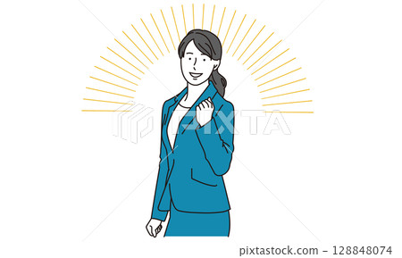 Illustration of a smiling business woman posing with her fist in the air Illustration of a smiling business woman posing with her fist in the air 128848074
