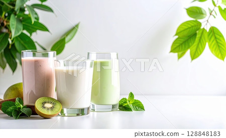 AI 圖片：玻璃杯中盛裝的各種口味的冰沙 128848183