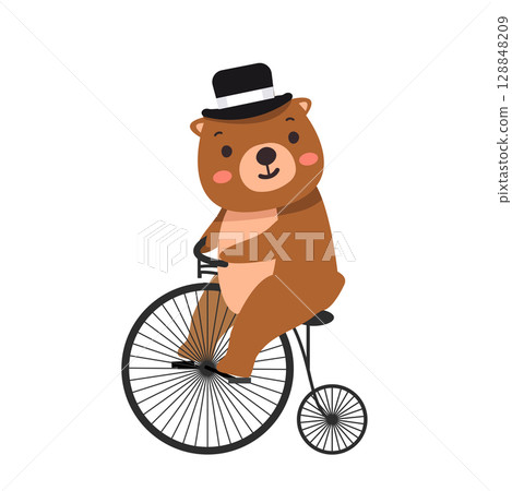 Cartoon Bear Riding Penny-Farthing Bicycle 128848209