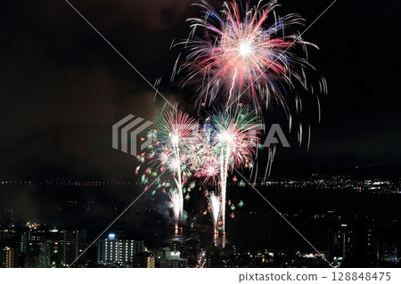 Lake Suwa Fireworks Festival seen from the mountain 128848475