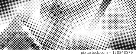 Rough grunge scratched halftone texture. Distress dirty paint background. Scuffed ragged vector backdrop. Damaged glitched pixelated overlay. Dotted wallpaper for banner, poster, magazine, brochure 128848579