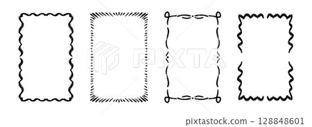 Hand drawn wavy frame set. Black curly ribbon border collection. Vector doodled lace cadre frames. Curved squiggly rectangle border pack for invitation, wedding party, birthday, greeting design Hand drawn wavy frame set. Black curly ribbon border collection. Vector doodled lace cadre frames. Curved squiggly rectangle border pack for invitation, wedding party, birthday, greeting design 128848601