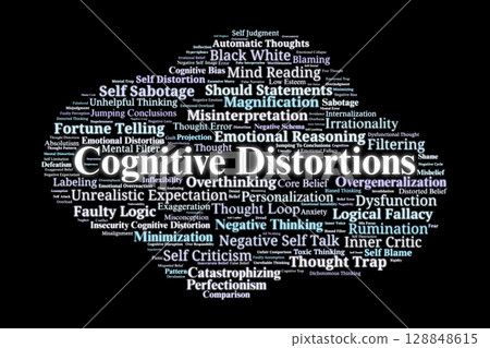 Cognitive Distortions Word Cloud. Key Terms in Thought Errors and Mental Biases Cognitive Distortions Word Cloud. Key Terms in Thought Errors and Mental Biases 128848615
