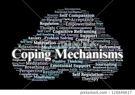 Coping Mechanisms Word Cloud. Psychological Tools for Mental Health and Emotional Resilience Coping Mechanisms Word Cloud. Psychological Tools for Mental Health and Emotional Resilience 128848617