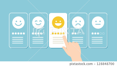 星級評定卡和手工挑選評論插圖（顧客滿意度、評價）|醒目的背景 128848700
