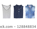 Top view of T shirt and jeans on a white background 128848834