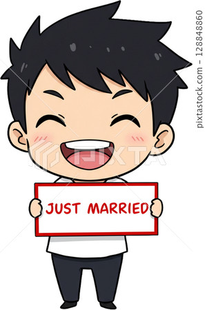Cartoon Groom with Just Married Sign 128848860