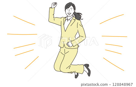 一位身著西裝、面帶微笑跳躍的女性的插圖素材 128848967