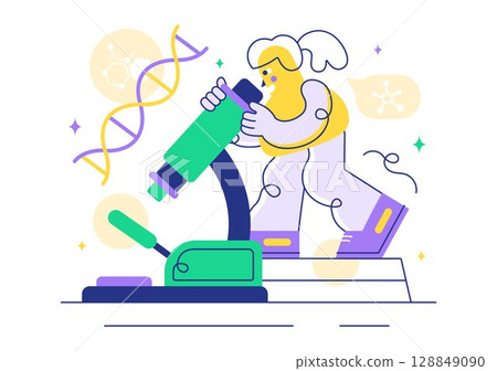 Genetics Vector Illustration featuring Science with DNA Molecule Structure, Research, and Experiment Scientists in a Technological Flat Background 128849090