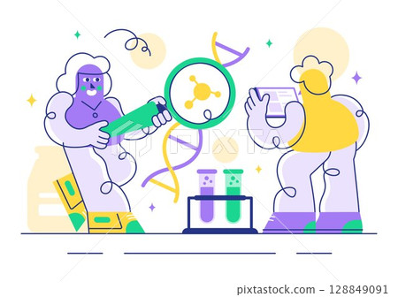 Genetics Vector Illustration featuring Science with DNA Molecule Structure, Research, and Experiment Scientists in a Technological Flat Background 128849091