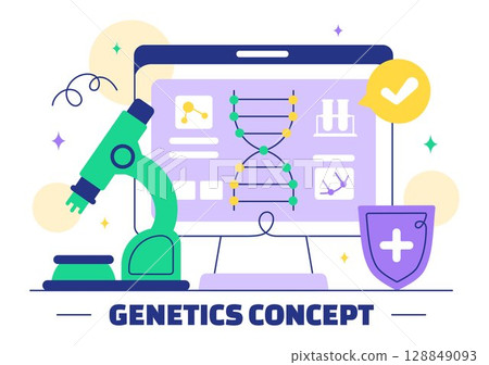 Genetics Vector Illustration featuring Science with DNA Molecule Structure, Research, and Experiment Scientists in a Technological Flat Background 128849093