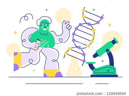 Genetics Vector Illustration featuring Science with DNA Molecule Structure, Research, and Experiment Scientists in a Technological Flat Background 128849094