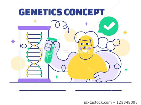 Genetics Vector Illustration featuring Science with DNA Molecule Structure, Research, and Experiment Scientists in a Technological Flat Background 128849095