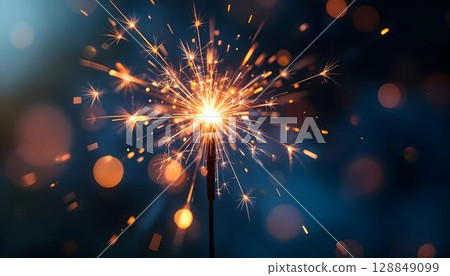 Christmas and New Year party sparkler on dark blue bokeh background 128849099
