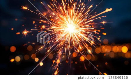 Burning sparkler on the black background with bokeh effect 128849116