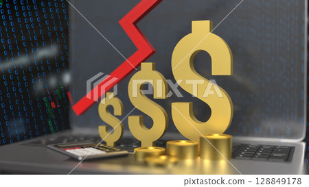 The Gold Dollar and Arrow up on laptop for Business concept 3d Rendering. The Gold Dollar and Arrow up on laptop for Business concept 3d Rendering. 128849178