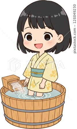 Girl Bathing in Wooden Tub 128849230
