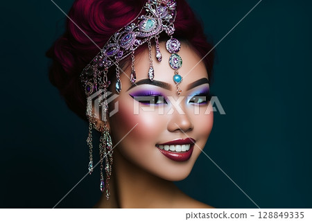 以太空為主題的獨特髮型和妝容。 AI 生成的美女影像(橫向照片) 以太空為主題的獨特髮型和妝容。 AI 生成的美女影像(橫向照片) 128849335