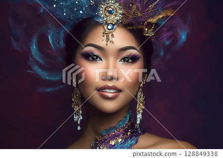 以太空為主題的獨特髮型和妝容。 AI 生成的美女影像(橫向照片) 以太空為主題的獨特髮型和妝容。 AI 生成的美女影像(橫向照片) 128849338
