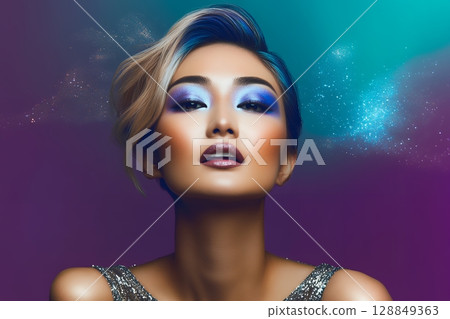 以太空為主題的獨特髮型和妝容。 AI 生成的美女影像(橫向照片) 以太空為主題的獨特髮型和妝容。 AI 生成的美女影像(橫向照片) 128849363