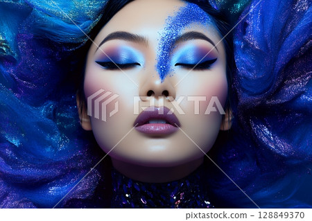 A unique hair and makeup style with a space theme. A beautiful woman's image is generated using AI (horizontal photo) A unique hair and makeup style with a space theme. A beautiful woman's image is generated using AI (horizontal photo) 128849370
