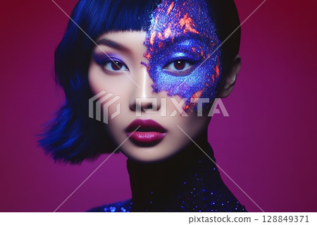 A unique hair and makeup style with a space theme. A beautiful woman's image is generated using AI (horizontal photo) A unique hair and makeup style with a space theme. A beautiful woman's image is generated using AI (horizontal photo) 128849371