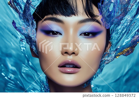 以太空為主題的獨特髮型和妝容。 AI 生成的美女影像(橫向照片) 以太空為主題的獨特髮型和妝容。 AI 生成的美女影像(橫向照片) 128849372