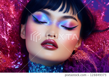 以太空為主題的獨特髮型和妝容。 AI 生成的美女影像(橫向照片) 以太空為主題的獨特髮型和妝容。 AI 生成的美女影像(橫向照片) 128849373