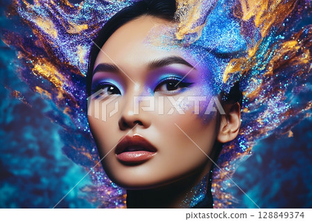 以太空為主題的獨特髮型和妝容。 AI 生成的美女影像(橫向照片) 以太空為主題的獨特髮型和妝容。 AI 生成的美女影像(橫向照片) 128849374