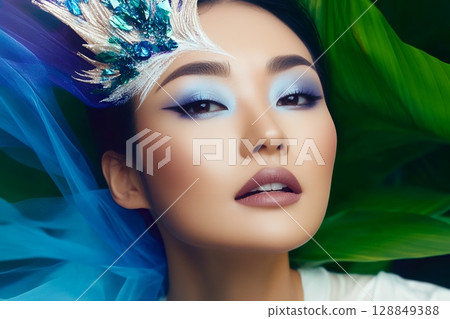 以太空為主題的獨特髮型和妝容。 AI 生成的美女影像(橫向照片) 以太空為主題的獨特髮型和妝容。 AI 生成的美女影像(橫向照片) 128849388