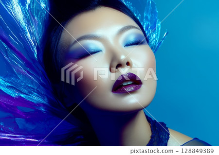 以太空為主題的獨特髮型和妝容。 AI 生成的美女影像(橫向照片) 以太空為主題的獨特髮型和妝容。 AI 生成的美女影像(橫向照片) 128849389