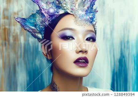 以太空為主題的獨特髮型和妝容。 AI 生成的美女影像(橫向照片) 以太空為主題的獨特髮型和妝容。 AI 生成的美女影像(橫向照片) 128849394