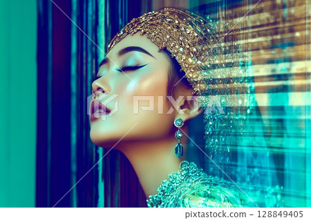 以太空為主題的獨特髮型和妝容。 AI 生成的美女影像(橫向照片) 以太空為主題的獨特髮型和妝容。 AI 生成的美女影像(橫向照片) 128849405