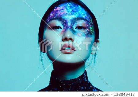 A unique hair and makeup style with a space theme. A beautiful woman's image is generated using AI (horizontal photo) A unique hair and makeup style with a space theme. A beautiful woman's image is generated using AI (horizontal photo) 128849412