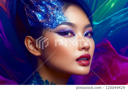 以太空為主題的獨特髮型和妝容。 AI 生成的美女影像(橫向照片) 以太空為主題的獨特髮型和妝容。 AI 生成的美女影像(橫向照片) 128849429